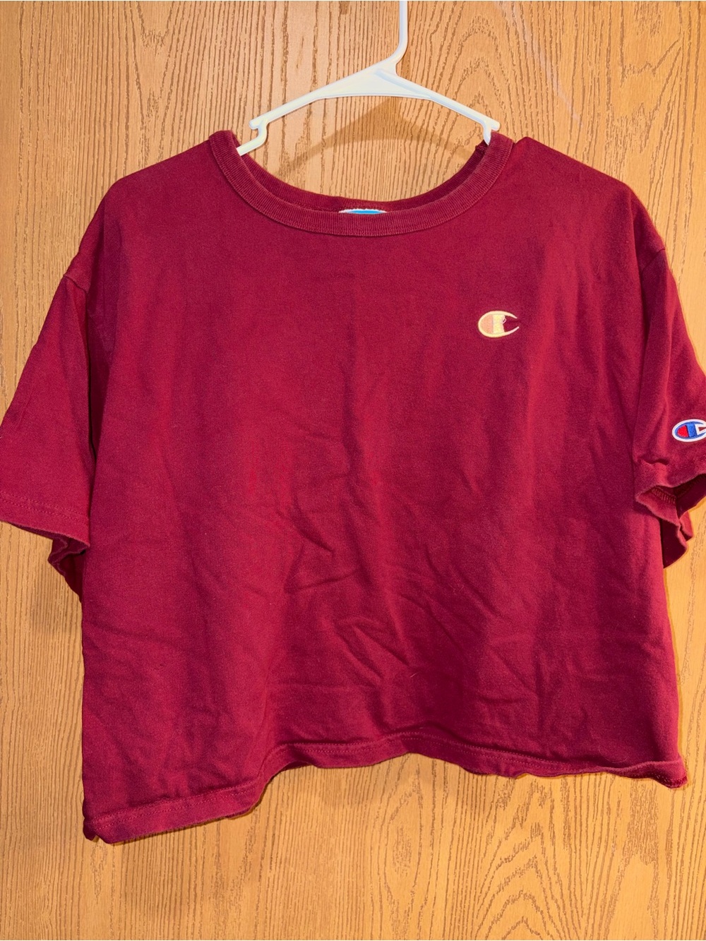 Champion Women's Cropped Tee in Wine Red with Gold Logo